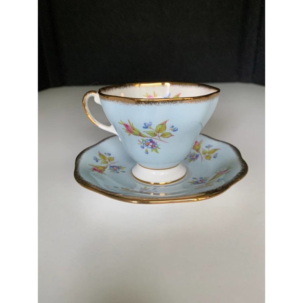 Foley Pale Blue Cabbage Rose Bouquet Bone China Teacup And Saucer Gold Trim.   G